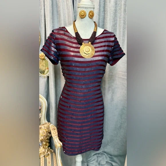 French Connection | Dresses | Elegant Striped Dress In Blue And Burgundy  With Jewelry | Poshmark